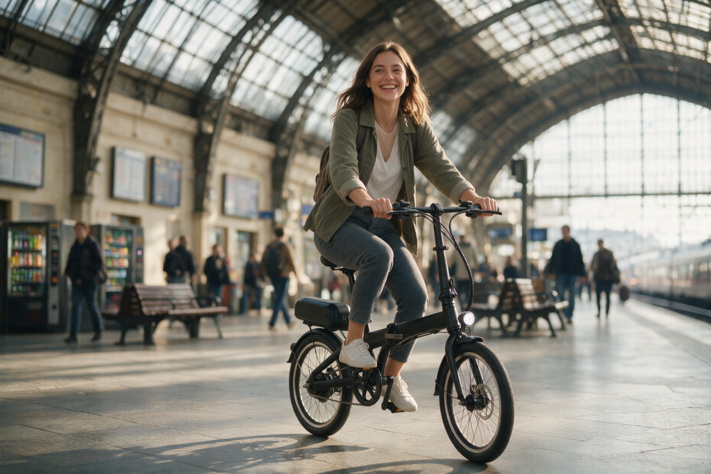 best folding bike electric — Dahon folded on urban street