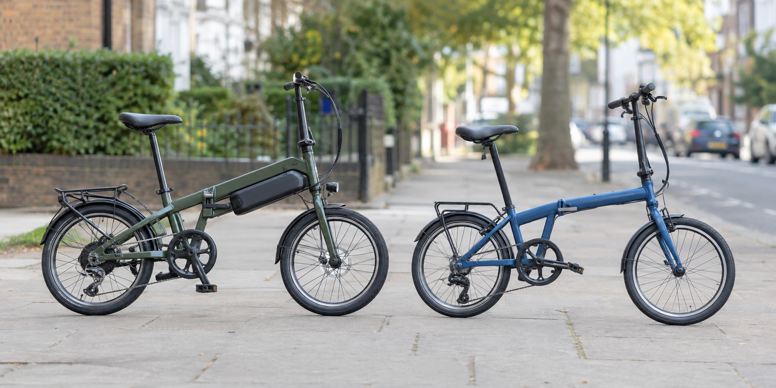 Electric folding bike and a normal folding bike parked side by side
